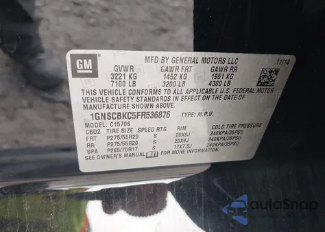 2015 Chevrolet Tahoe Lt from USA, damaged, VIN 1GNSCBKC5FR536876